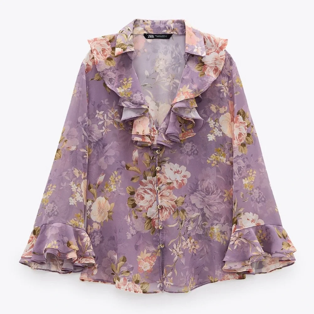 ZARA 2 Pieces Satin Finish Skirt L Ruffle Blouse M - Picture 3 of 8